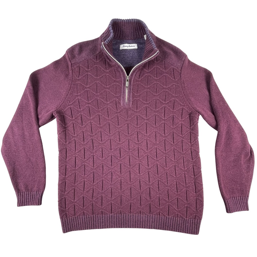 Tommy Bahama Sweater Men M Purple Quarter Zip Textured Knit Cotton Pullover